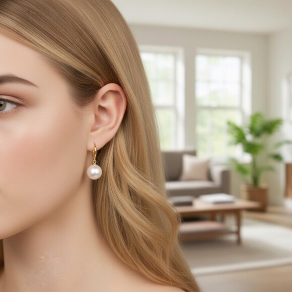 18k Gold Natural Freshwater Pearl Earrings, Single Pearl Earrings, Dropped Pearl - Picture 6 of 6